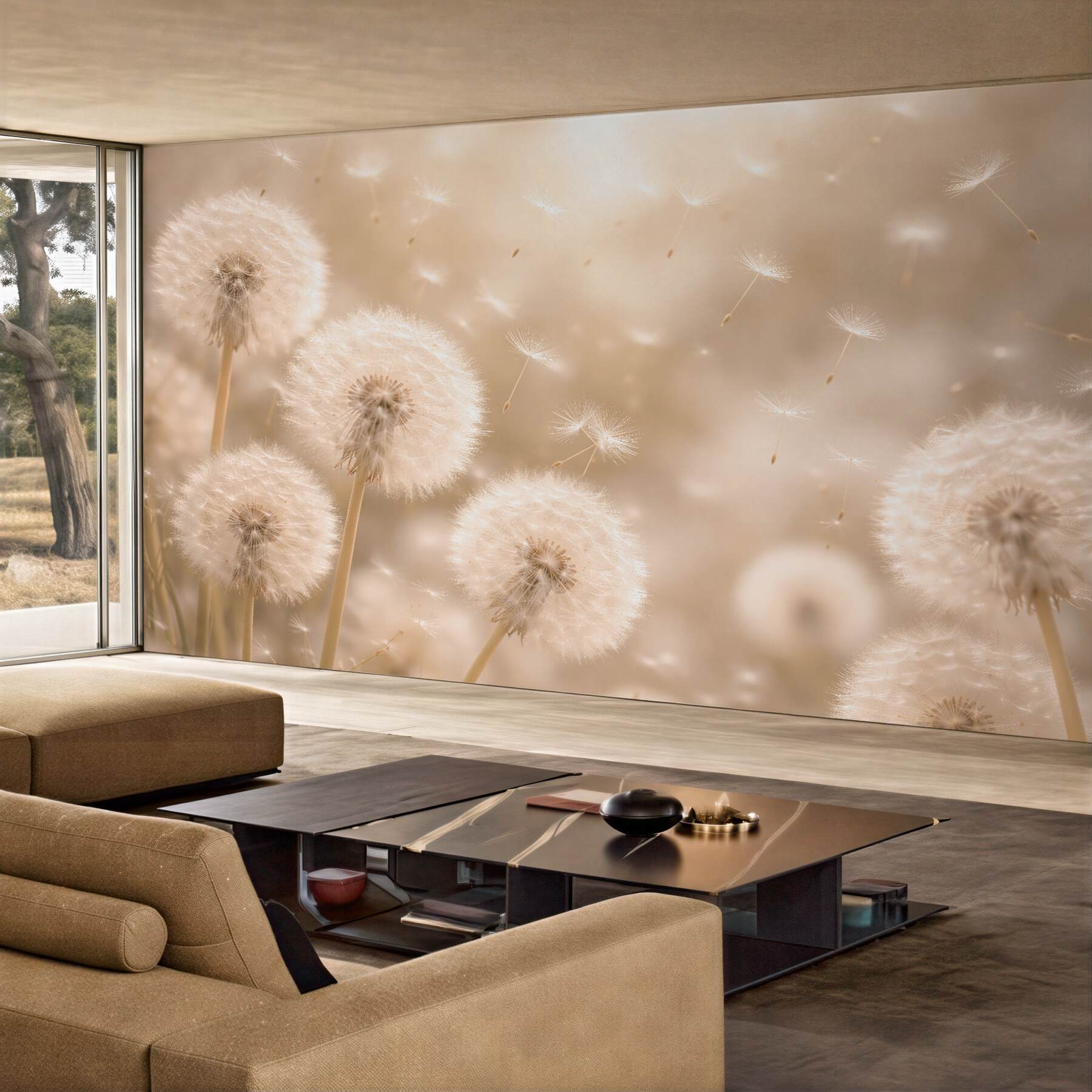 Fotobehang gouden paardenbloemen in het licht