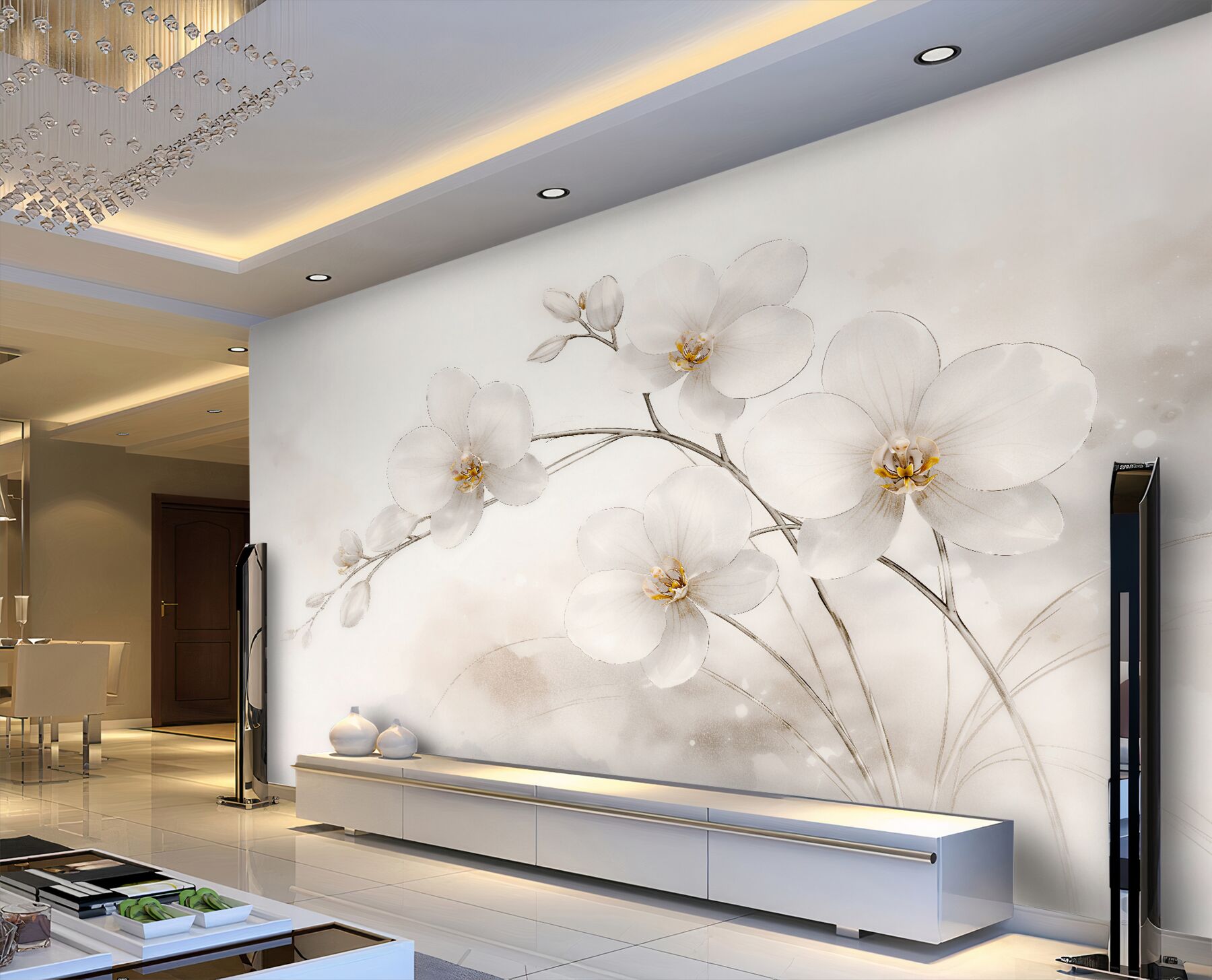 Fotobehang witte orchideeën in zacht licht