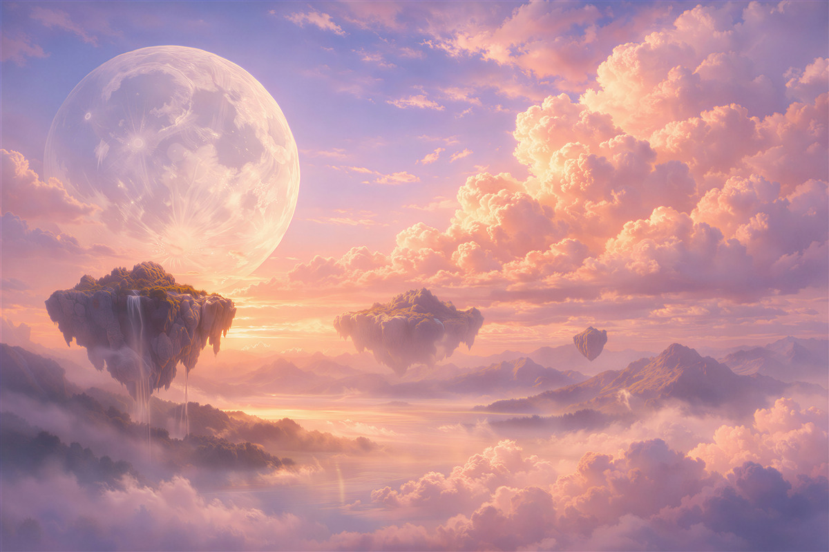 Fotobehang sprookjesachtige eilanden in roze wolken