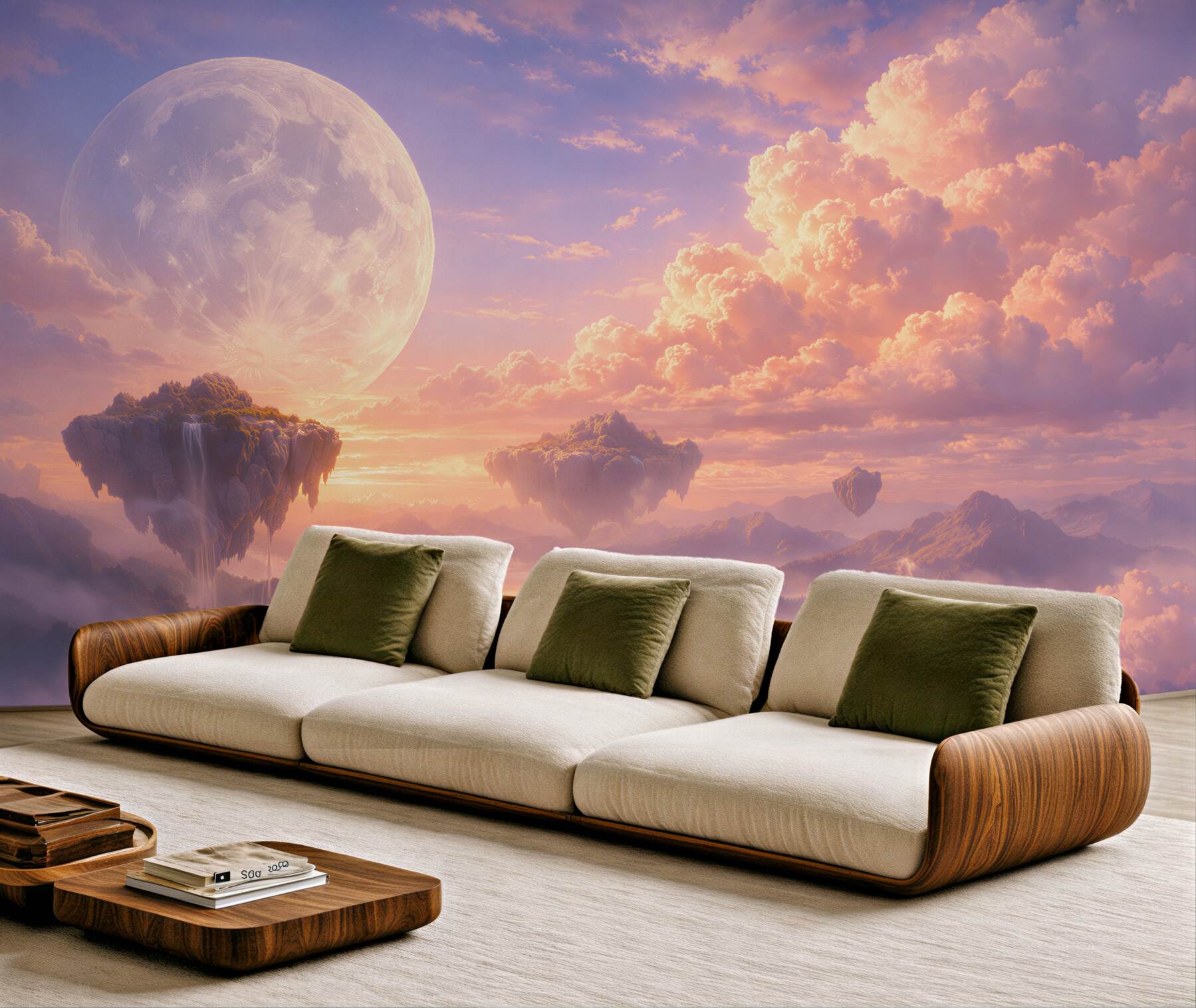 Fotobehang sprookjesachtige eilanden in roze wolken