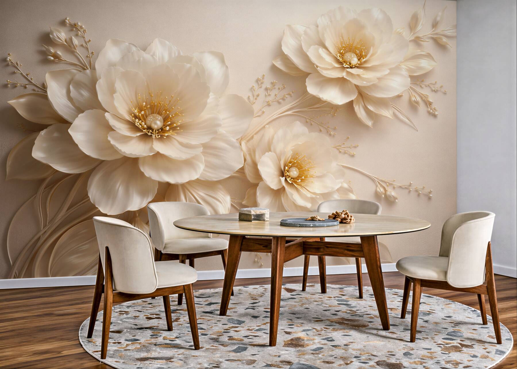 Fotobehang parelachtige bloemen in gouden glans