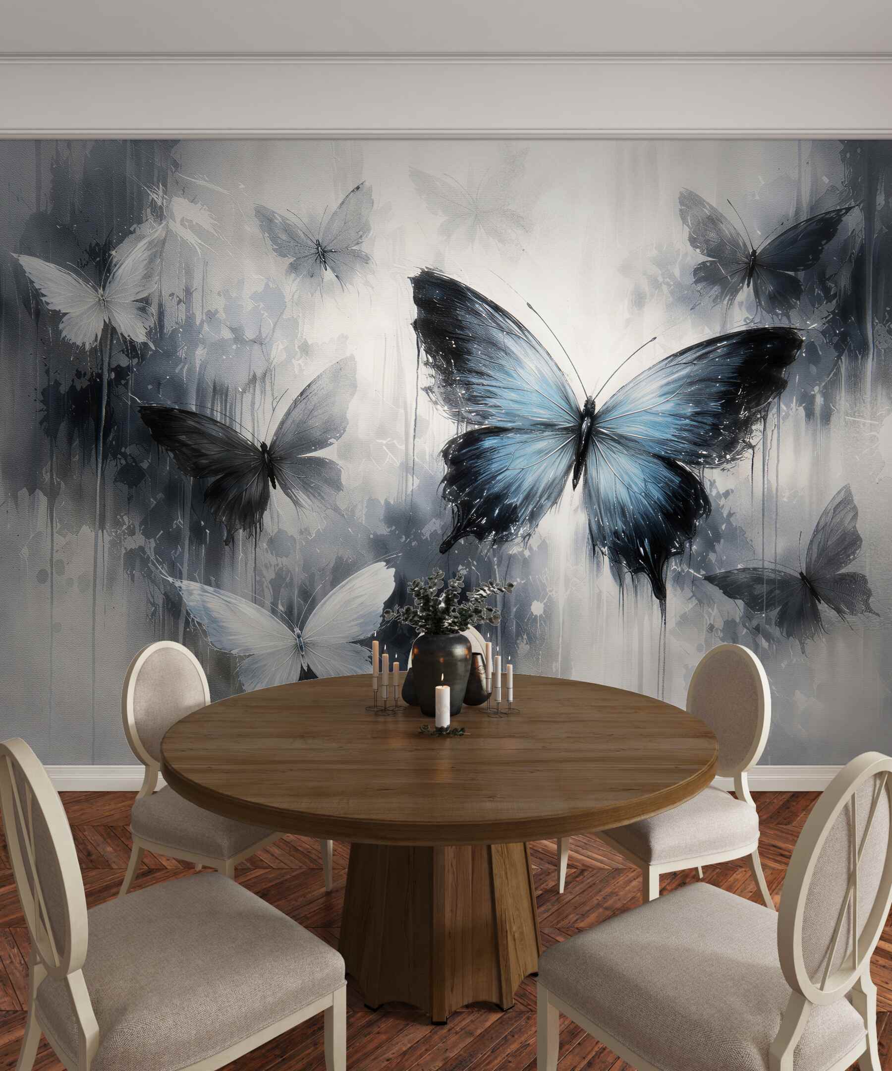 Fotobehang blauwe vlinders in artistieke nevel