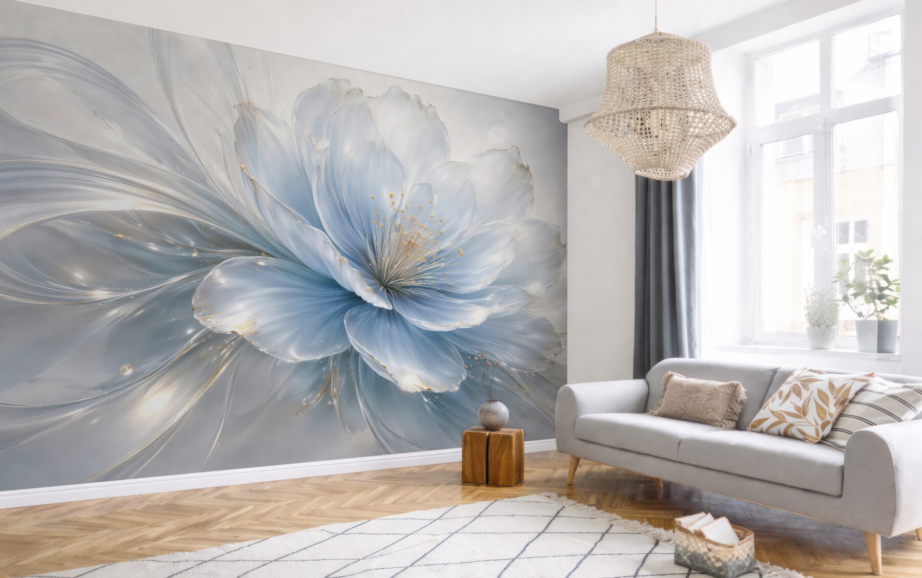 Fotobehang etherische blauwe bloem met goud