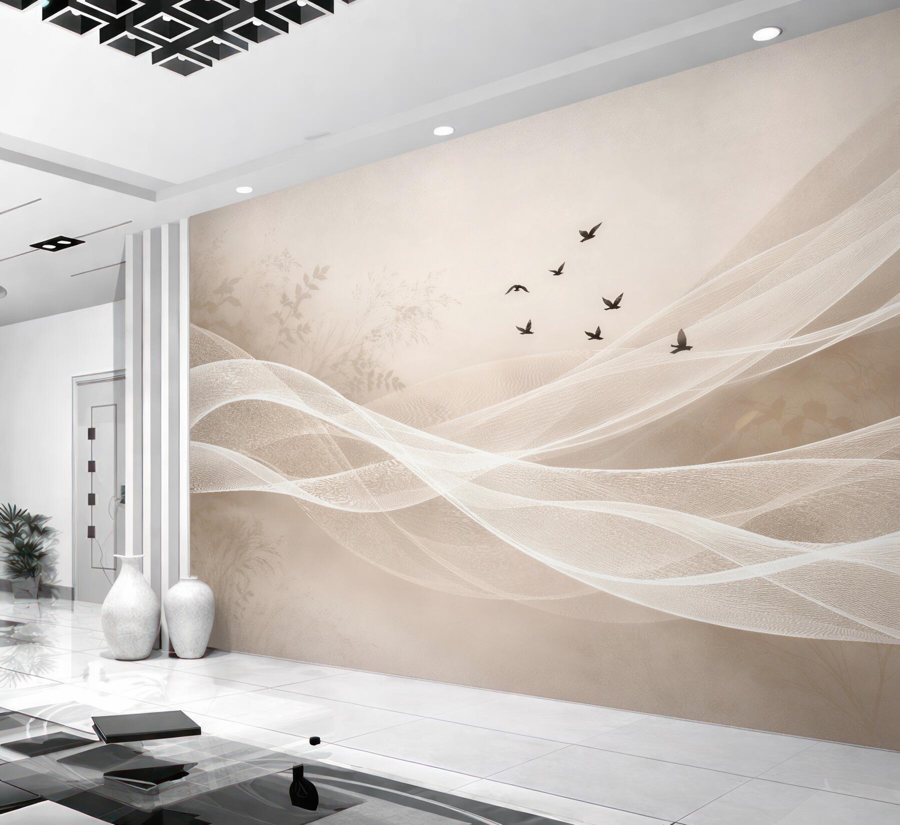 Fotobehang beige golven met vogels