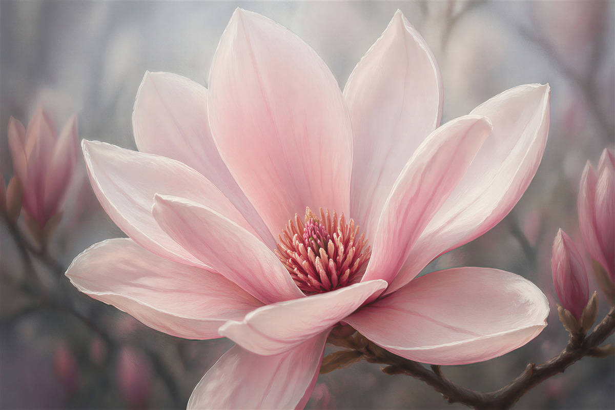 Fotobehang roze magnolia bij zonsopgang