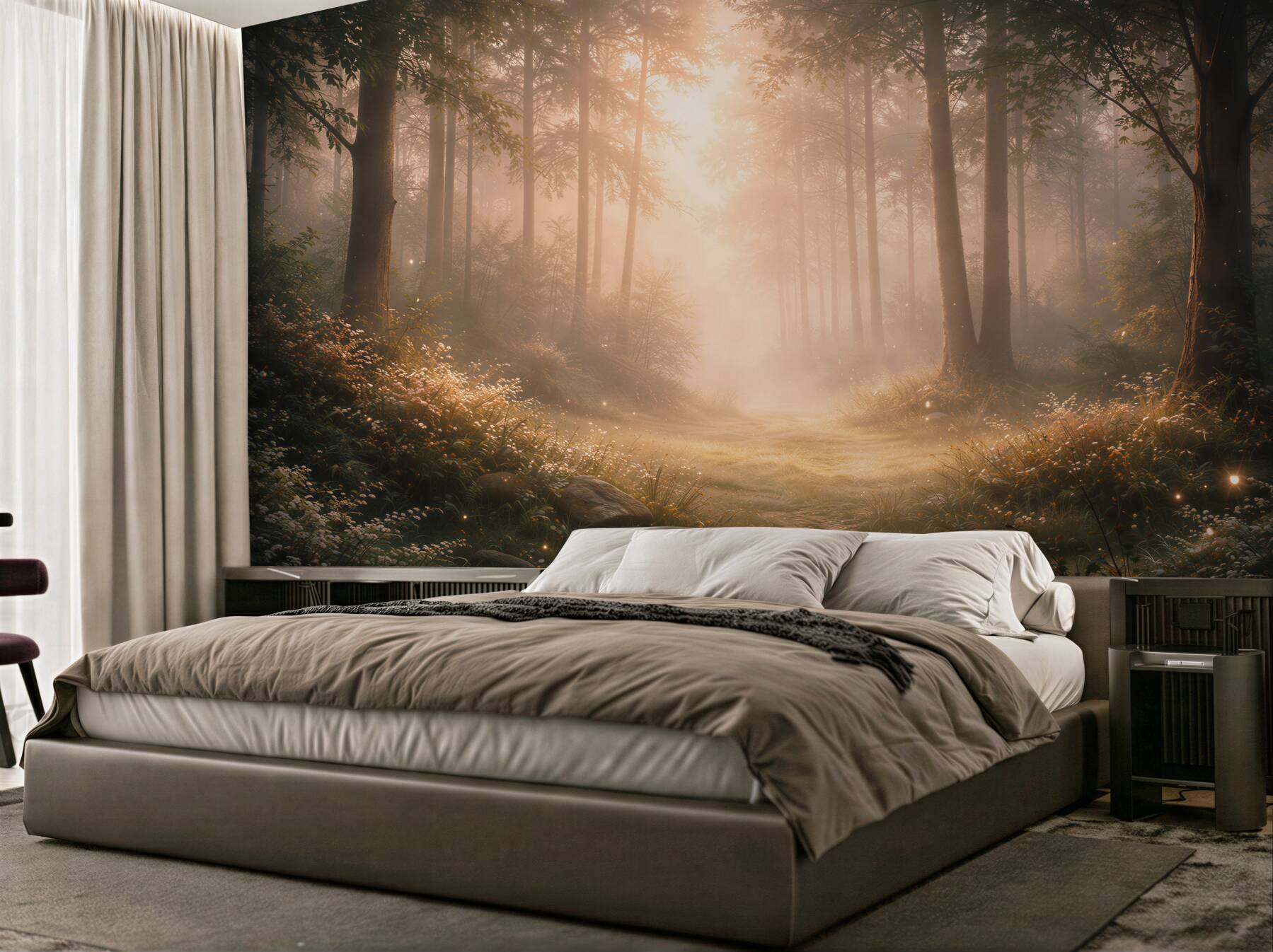 Fotobehang bosweide in gouden licht