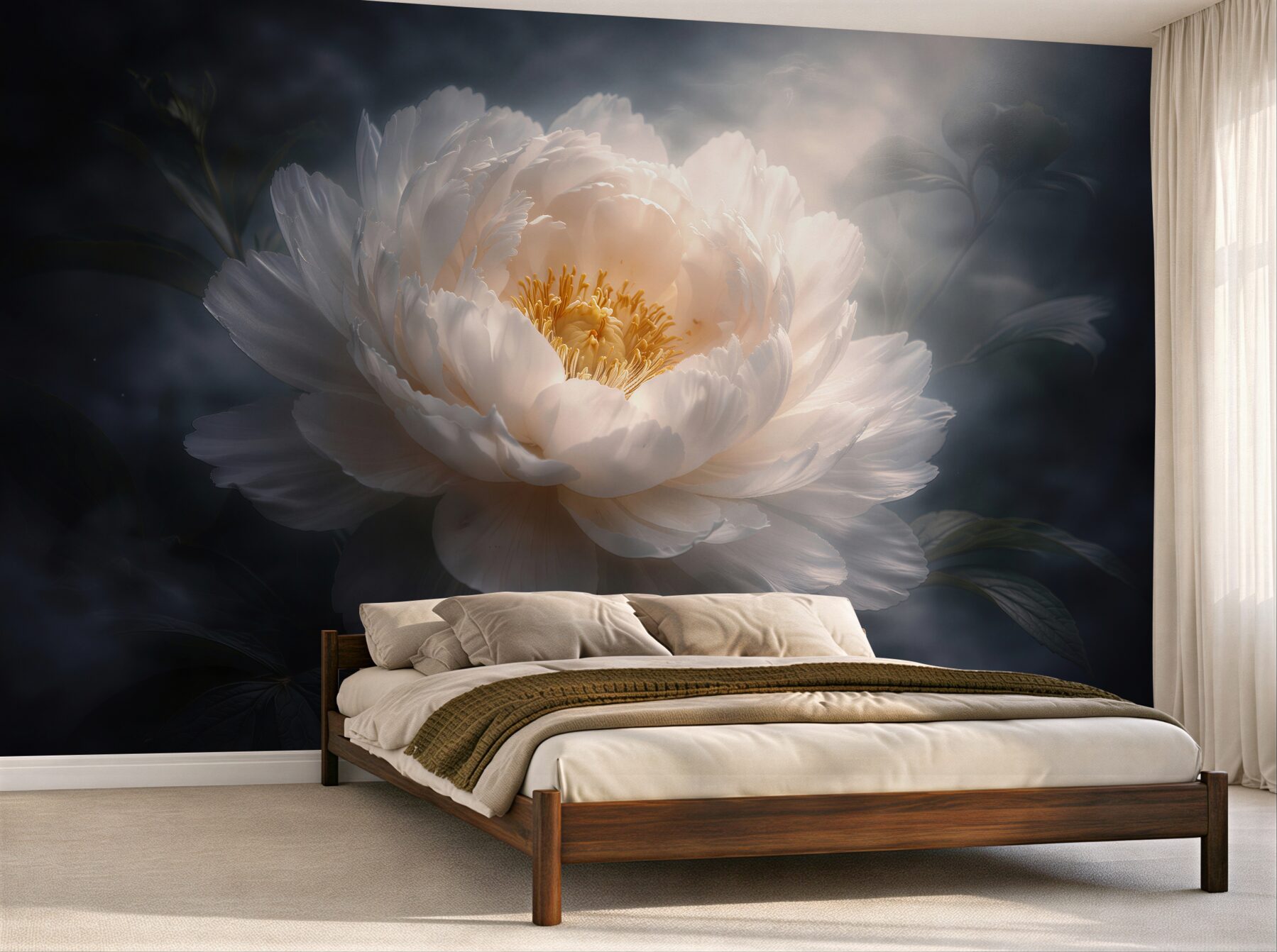 Fotobehang witte pioenroos in duistere glans