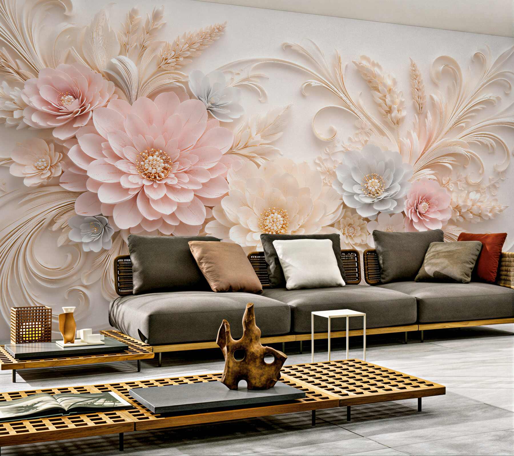 Fotobehang poederachtige bloemen in gouden reliëf