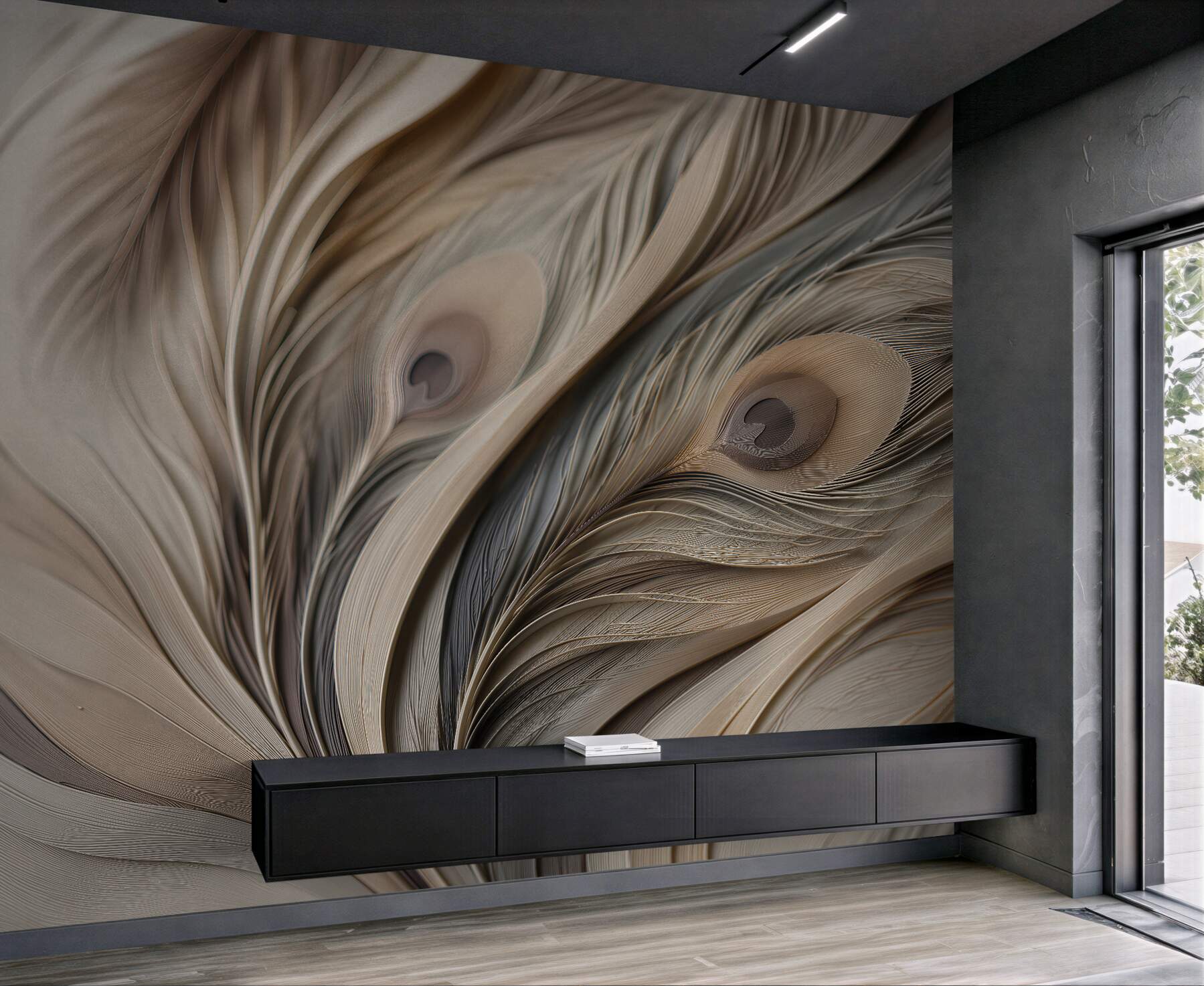 Fotobehang abstracte veren in een beige dans