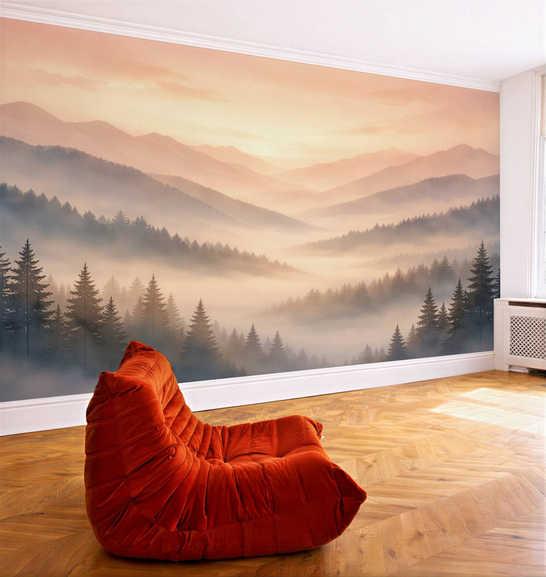 Fotobehang rozenachtige ochtend tussen nevelige toppen