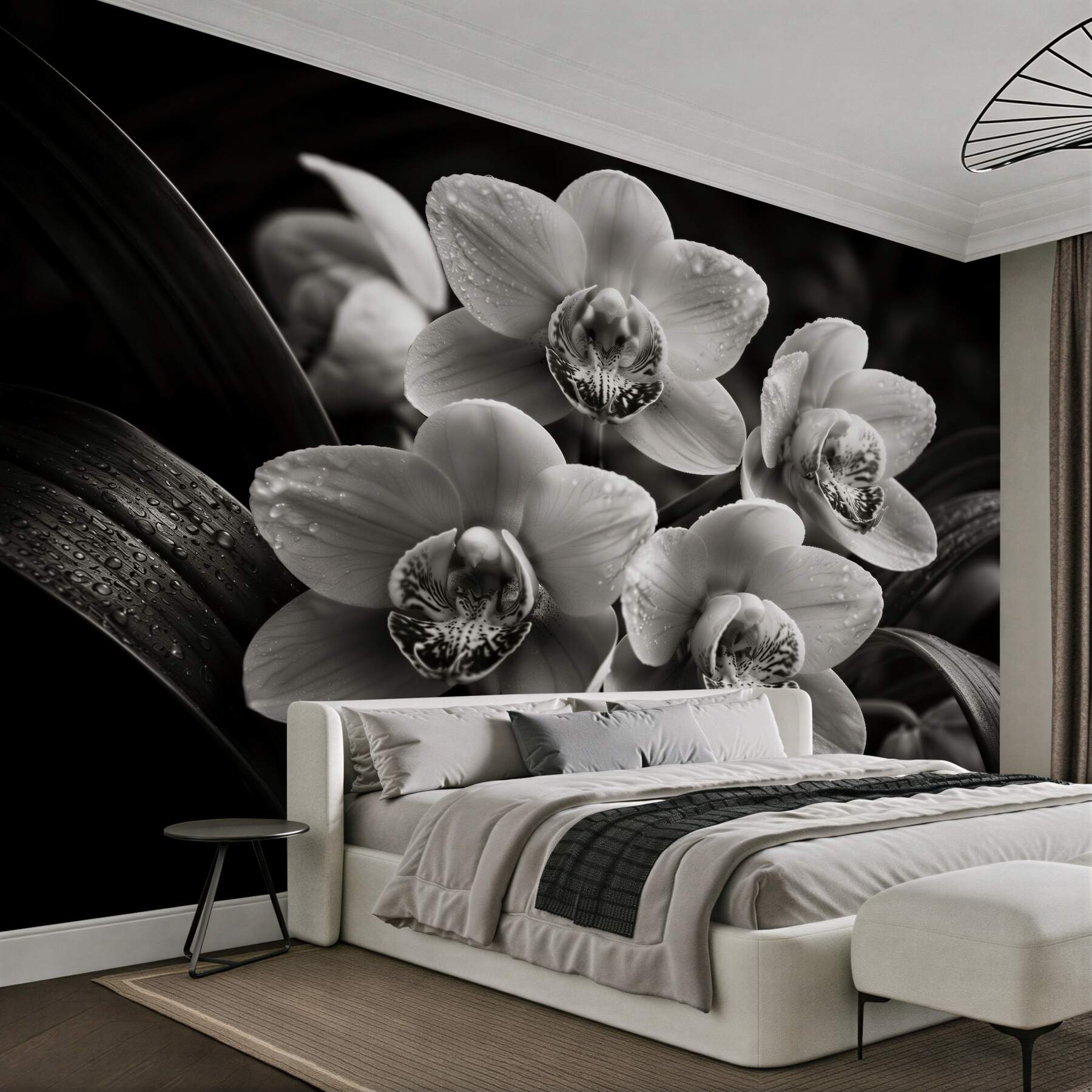 Fotobehang zwart-witte orchideeën met druppels