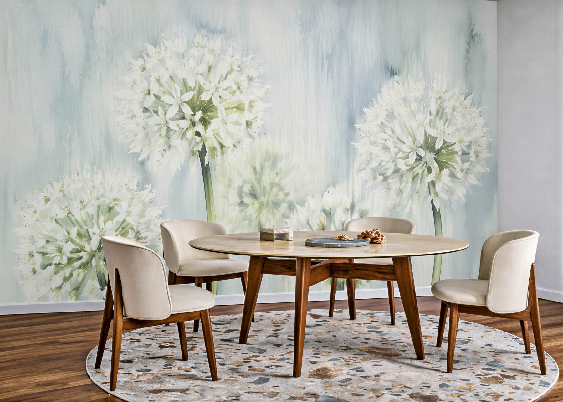 Fotobehang witte bloemen in blauwe aquarel