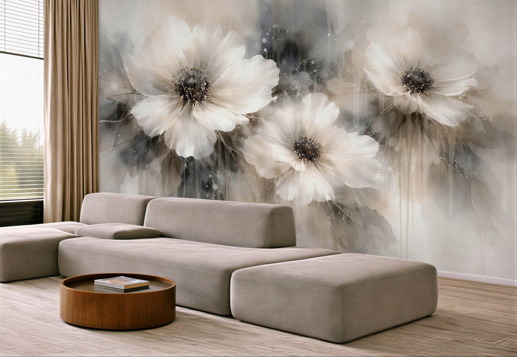 Fotobehang elegante witte bloemen in sepia