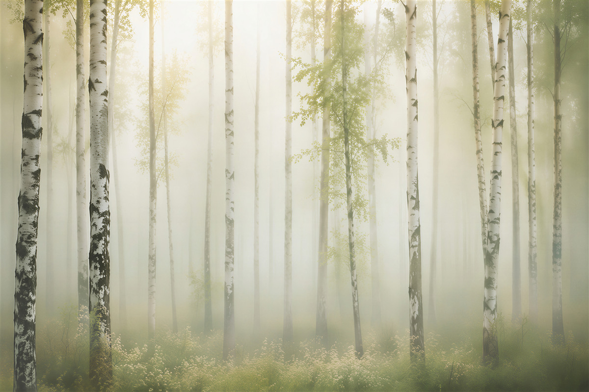 Fotobehang berkenbos in de ochtendmist