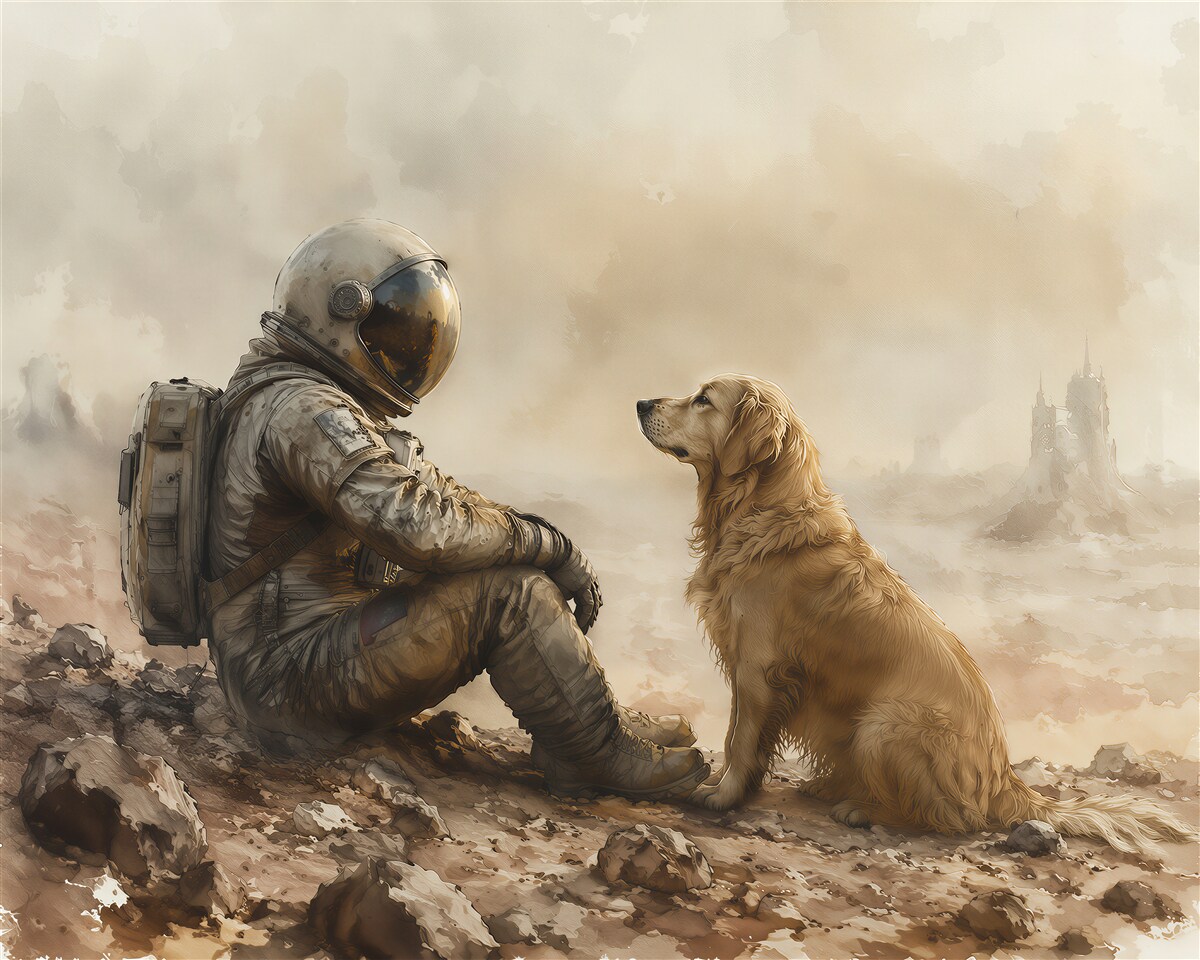 Fotobehang astronaut met een hond in de stilte