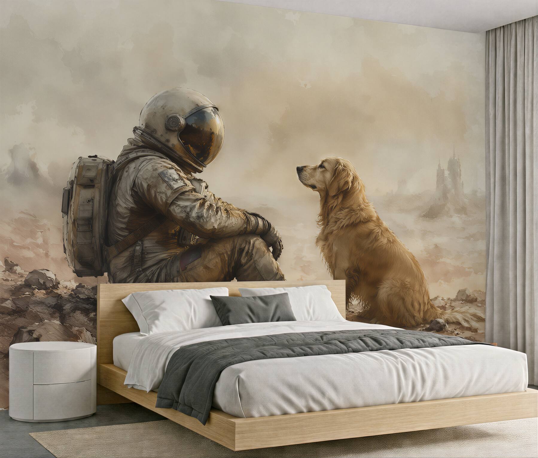 Fotobehang astronaut met een hond in de stilte