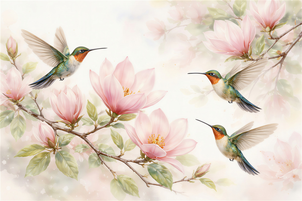 Fotobehang kolibries tussen roze magnolia's