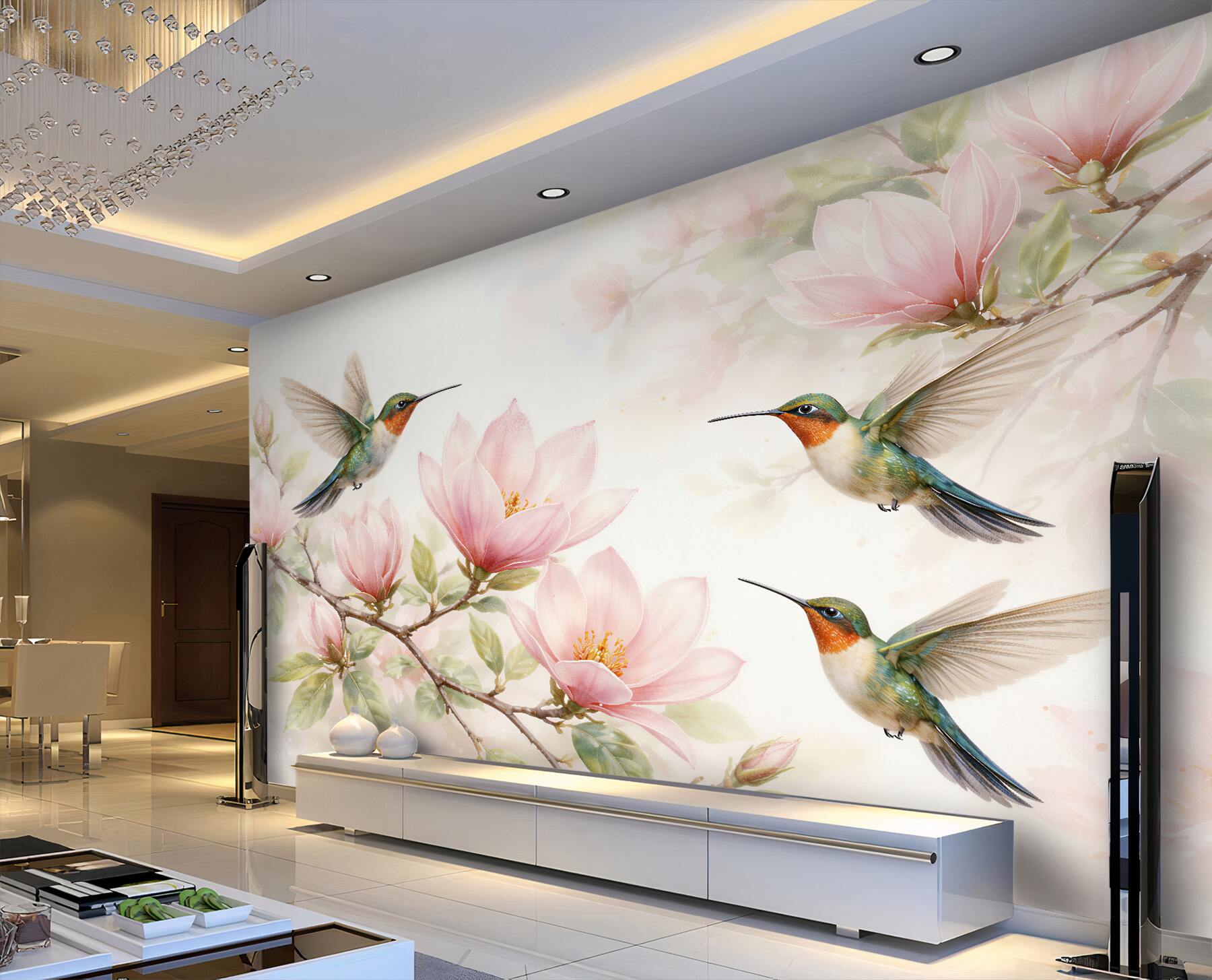 Fotobehang kolibries tussen roze magnolia's