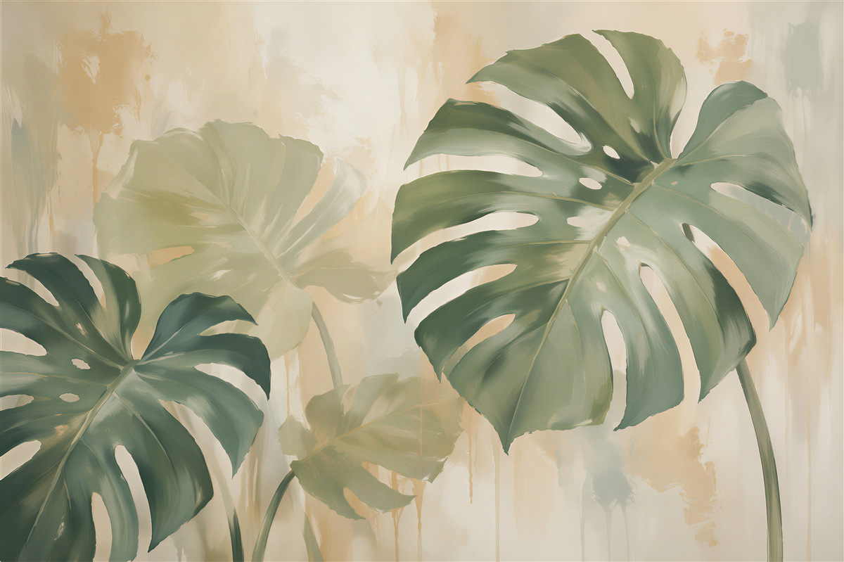 Fotobehang pastelachtige bladeren van monstera
