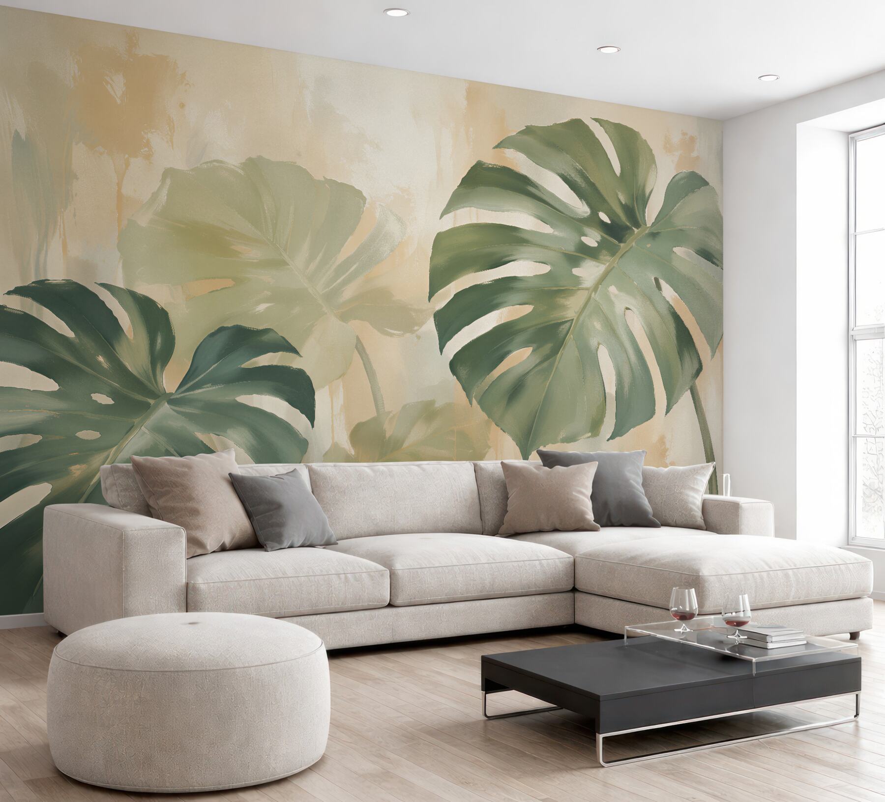 Fotobehang pastelachtige bladeren van monstera