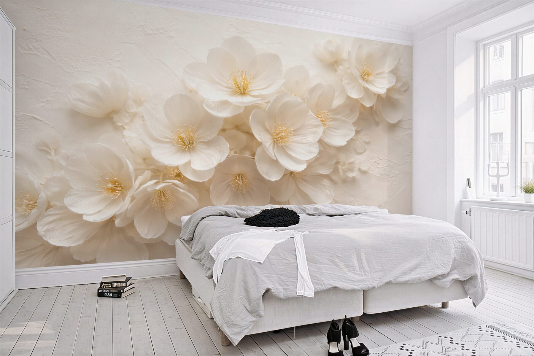 Fotobehang crèmekleurige bloemen in elegant reliëf