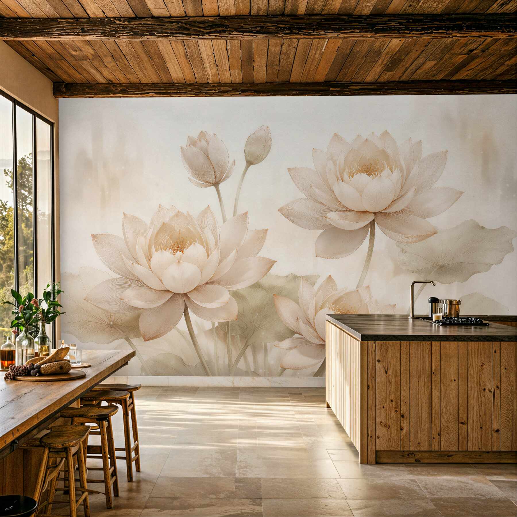 Fotobehang crèmekleurige lotus in harmonie