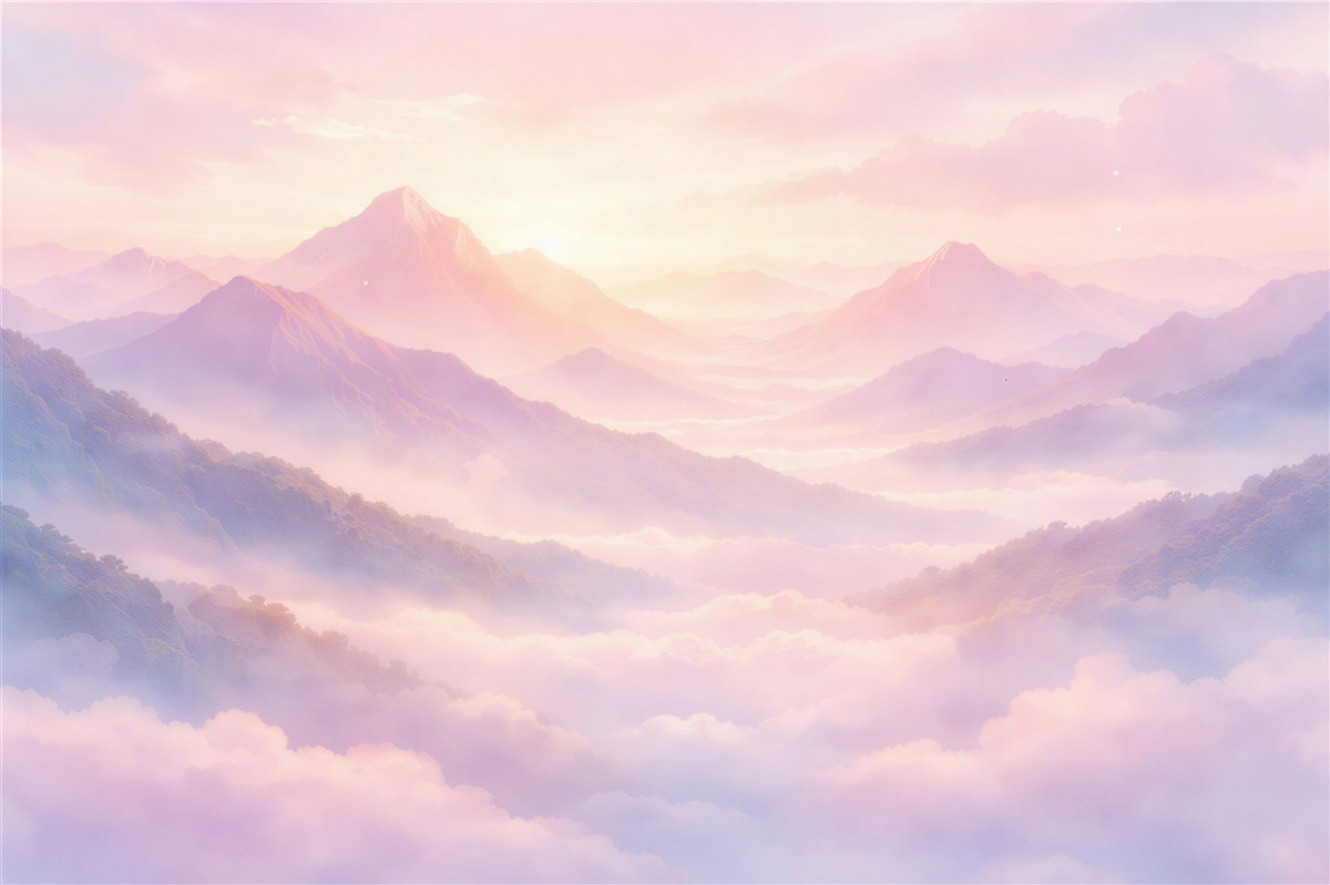 Fotobehang sprookjesachtige bergen in roze mist