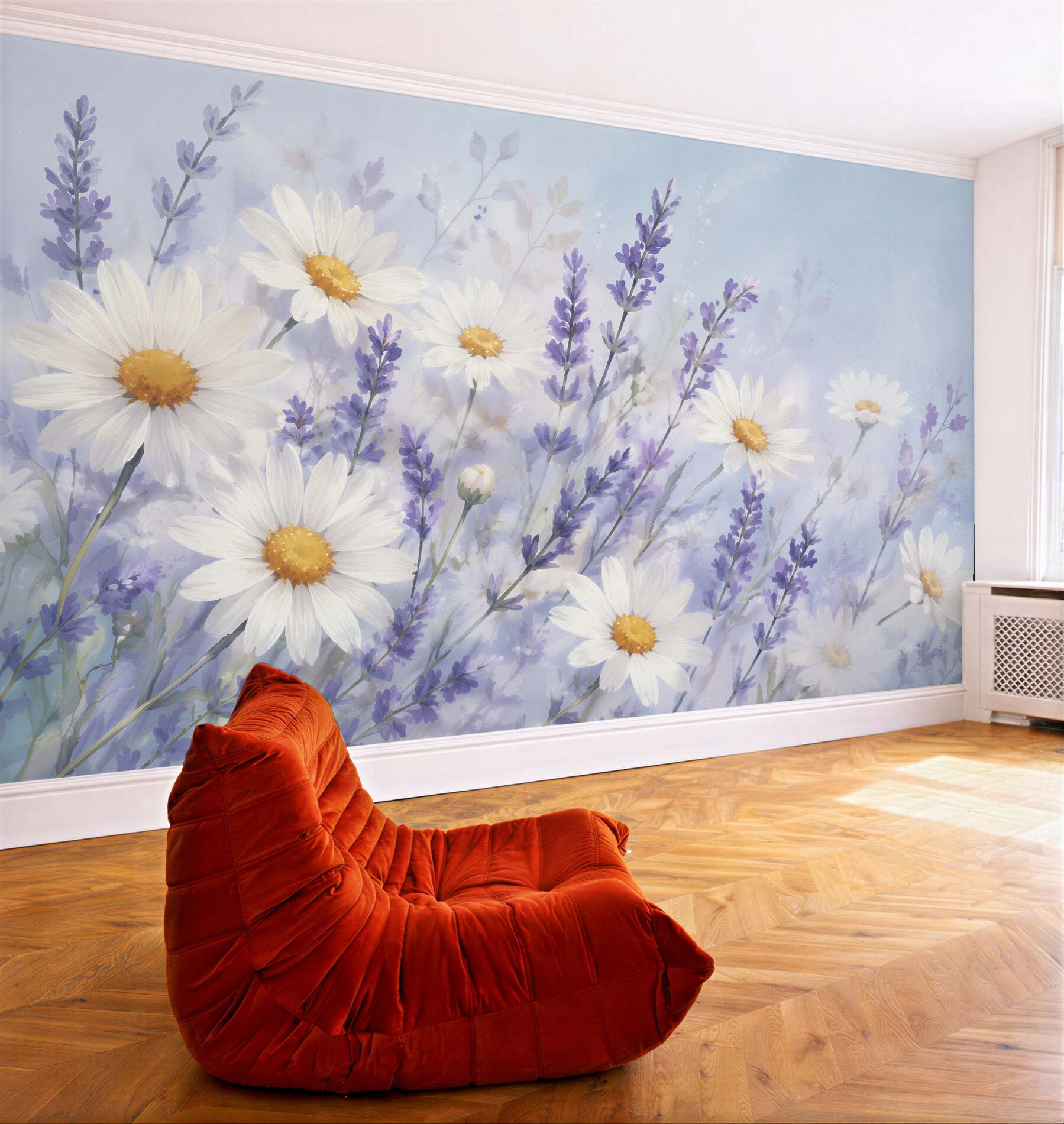 Fotobehang lavendel en madeliefjes in aquarel