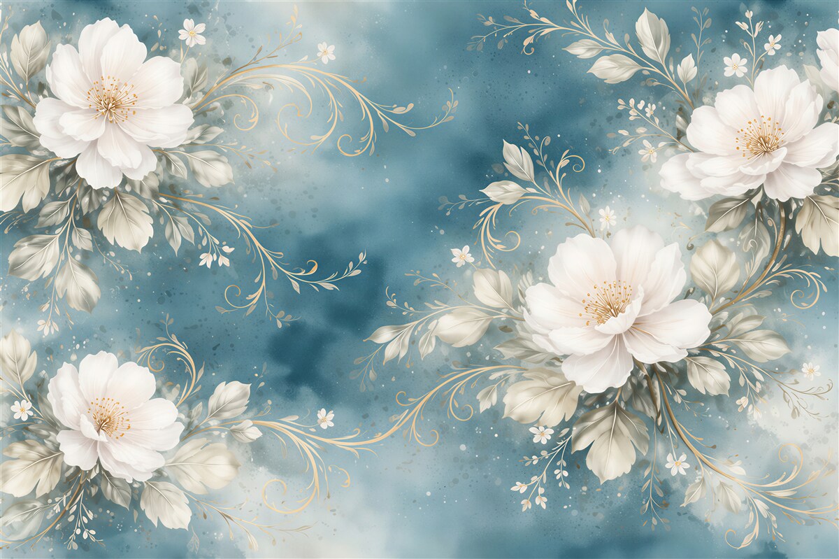 Fotobehang witte bloemen op blauwe achtergrond