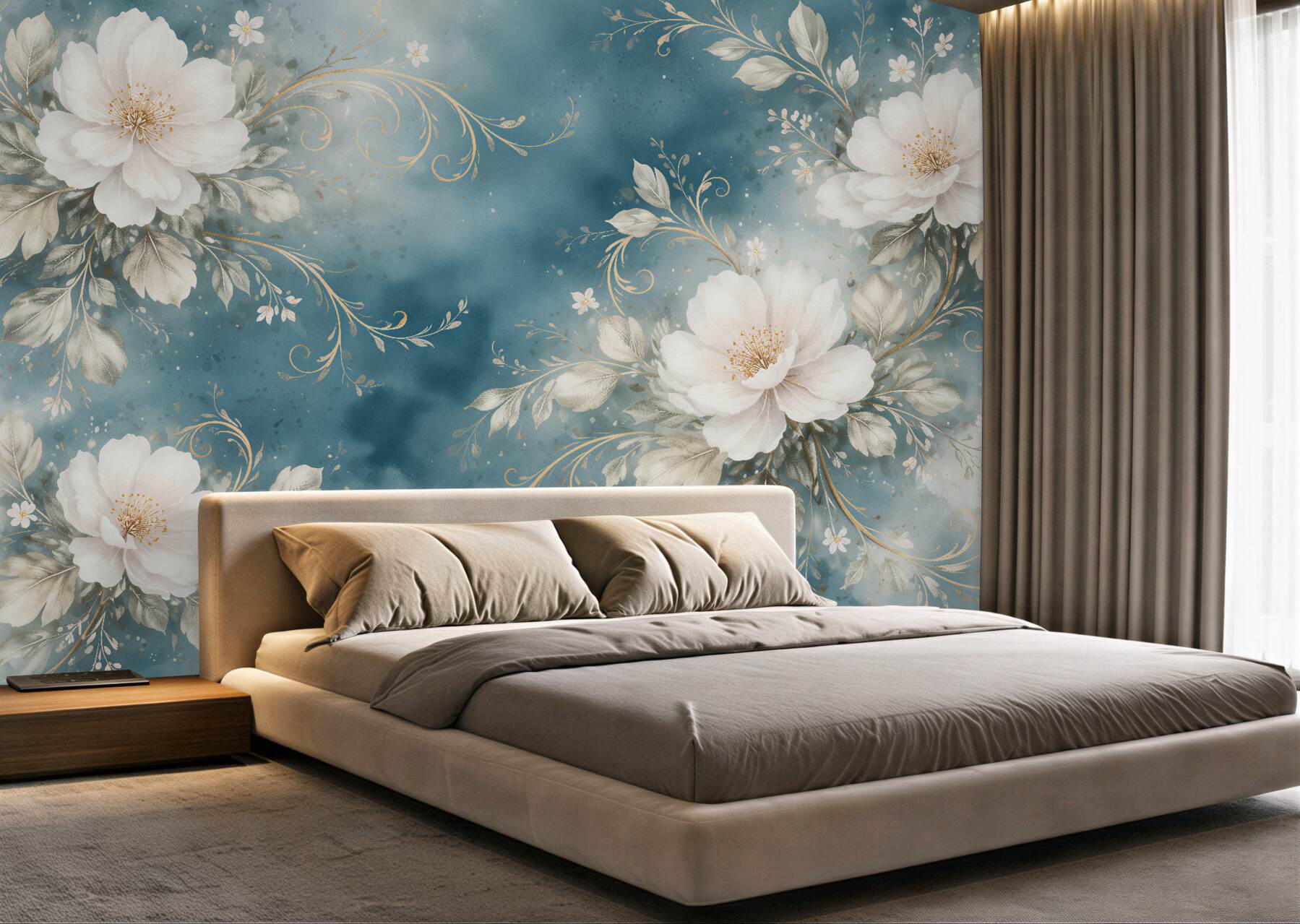Fotobehang witte bloemen op blauwe achtergrond