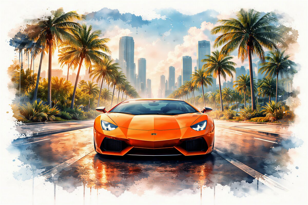 Fotobehang luxe auto in een tropische stad