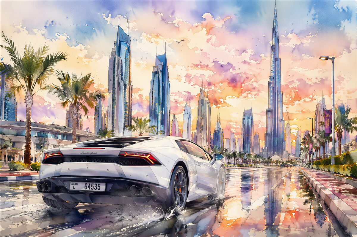 Fotobehang sportauto onder de lucht van Dubai