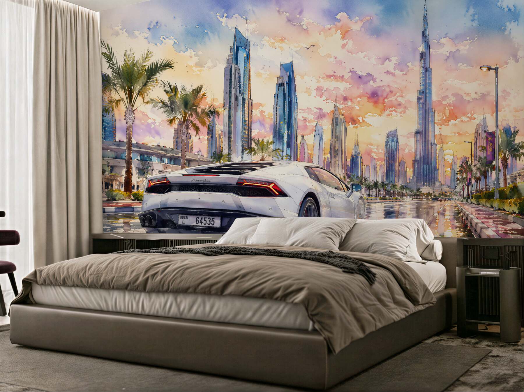 Fotobehang sportauto onder de lucht van Dubai