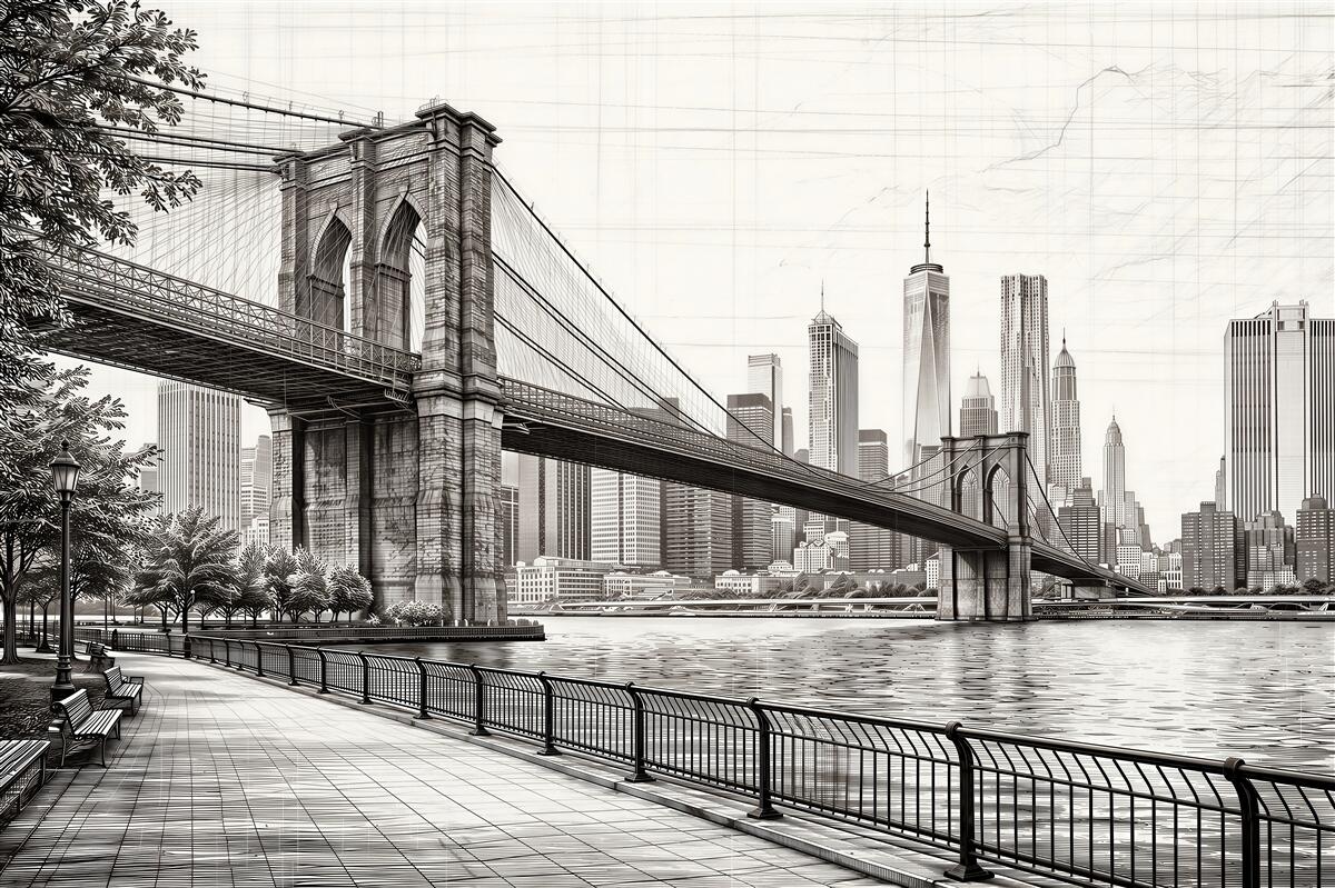 Fotobehang schets van de Brooklyn Bridge in Manhattan