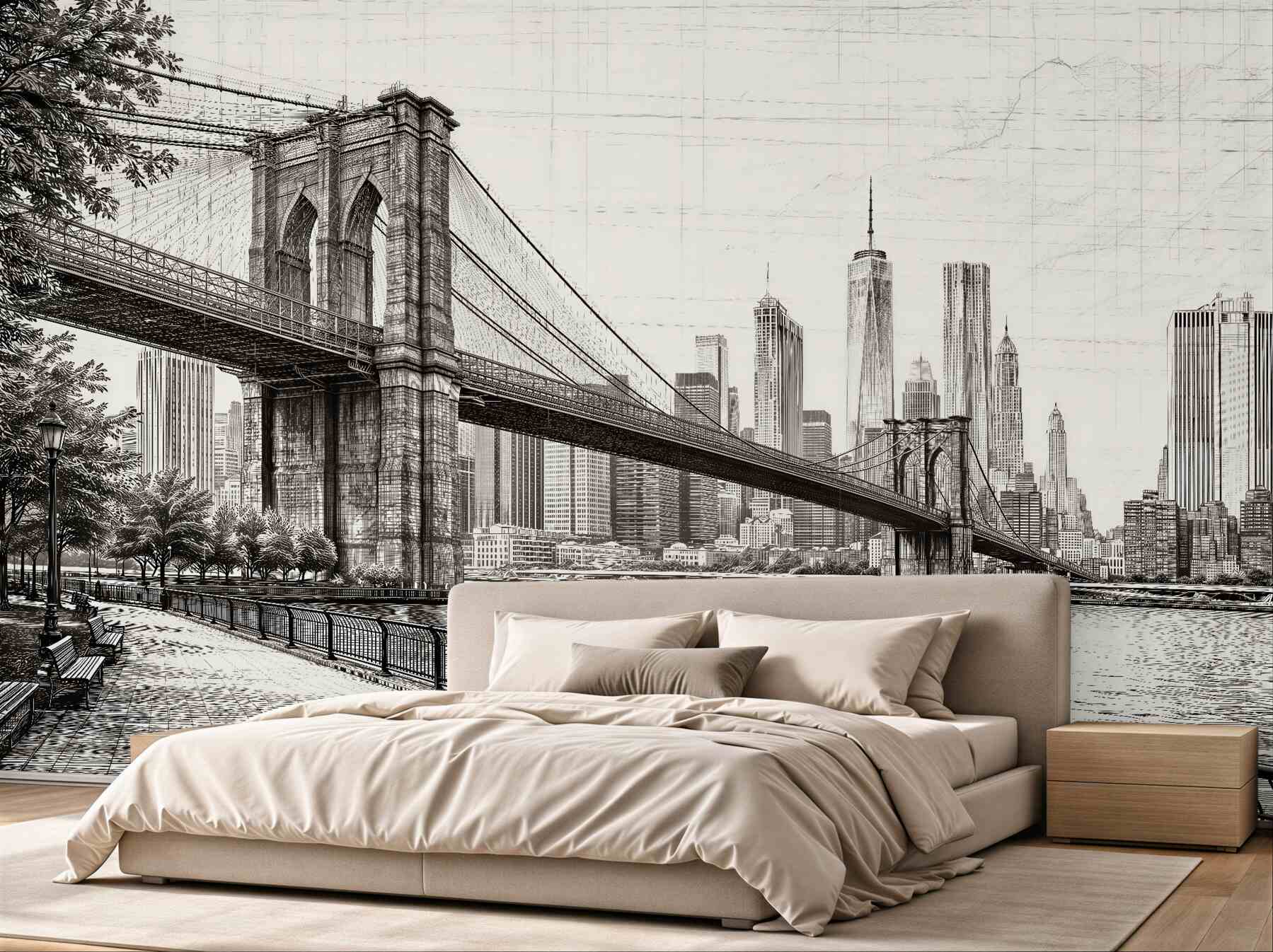 Fotobehang schets van de Brooklyn Bridge in Manhattan