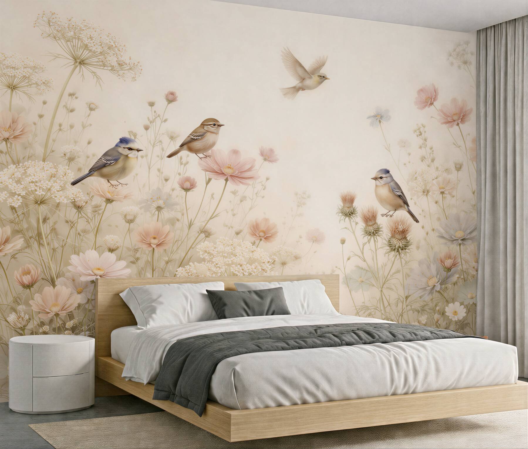 Fotobehang pastel vogels in een bloeiende weide