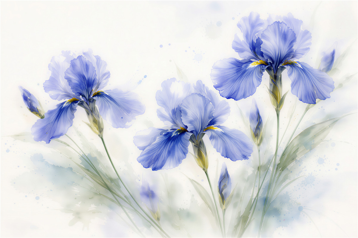 Fotobehang blauwe irissen in aquarel