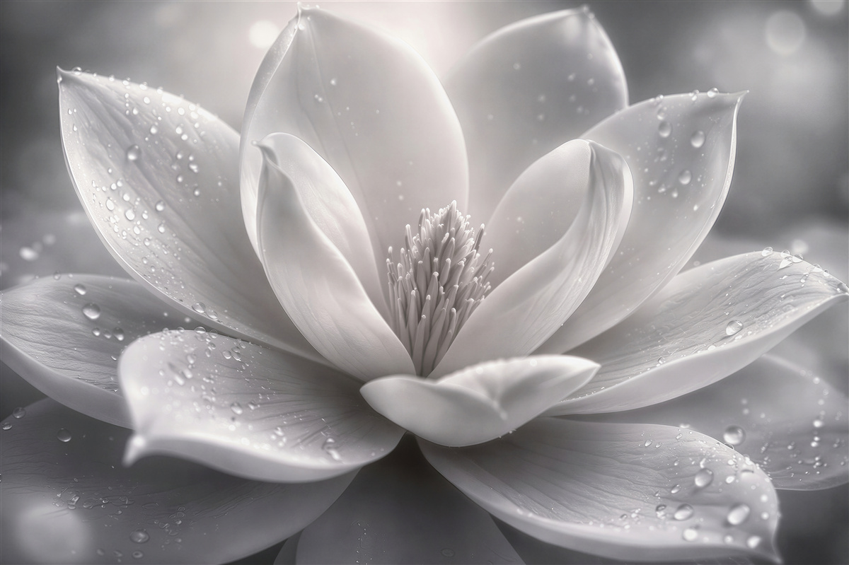 Fotobehang witte magnolia met dauwdruppels