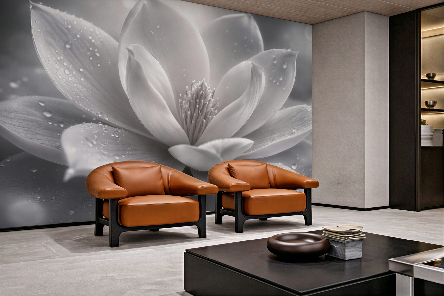 Fotobehang witte magnolia met dauwdruppels