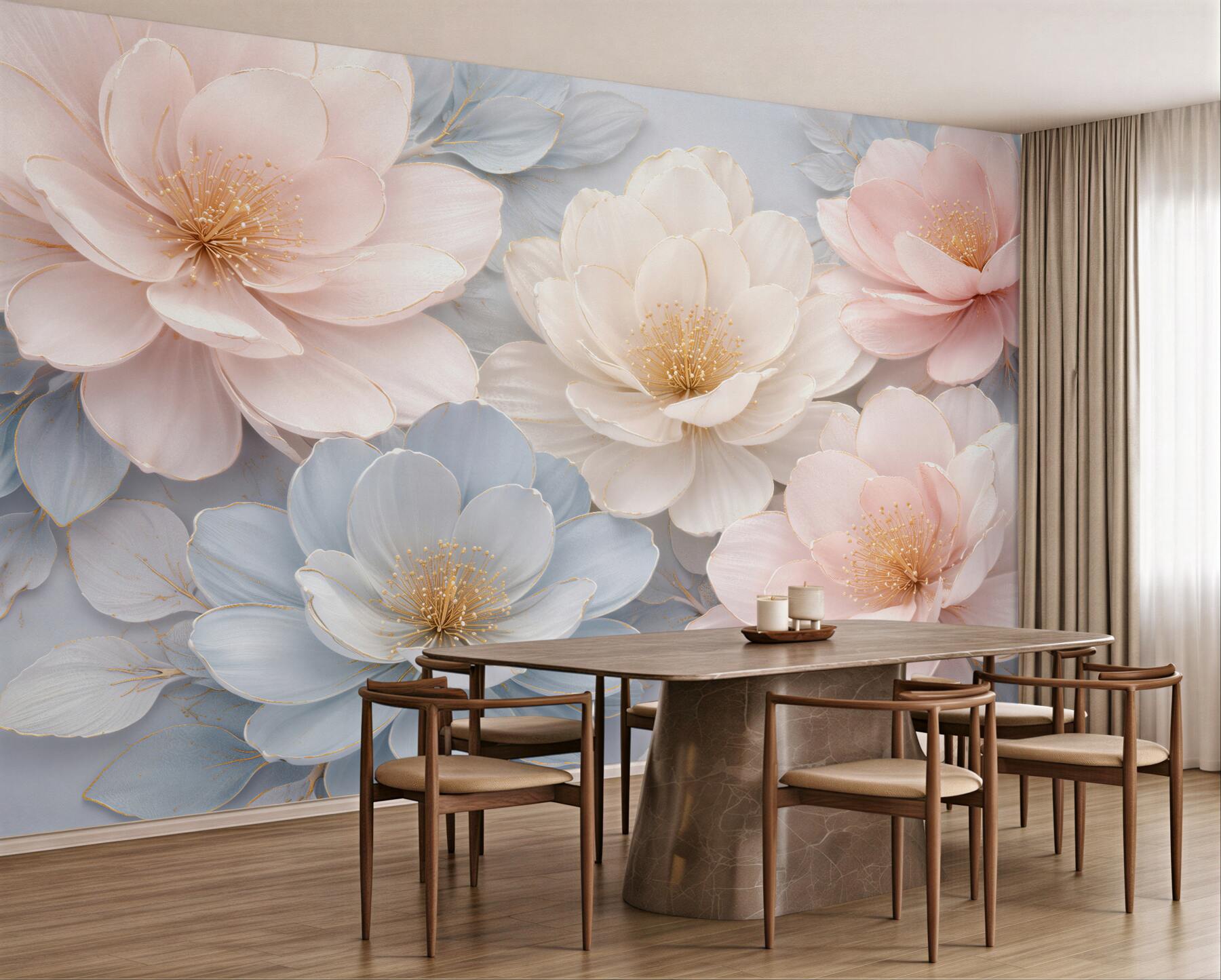 Fotobehang pastel bloemen met gouden glans