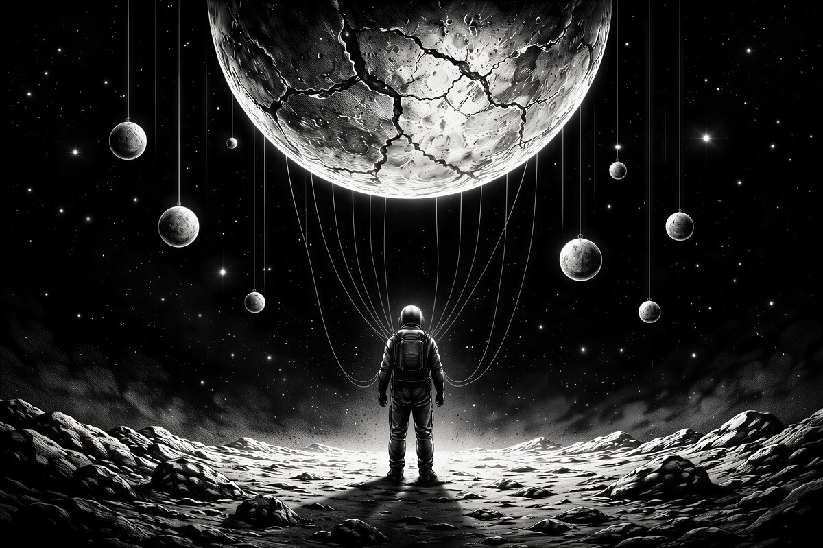 Fotobehang ruimte reiziger onder de planeten