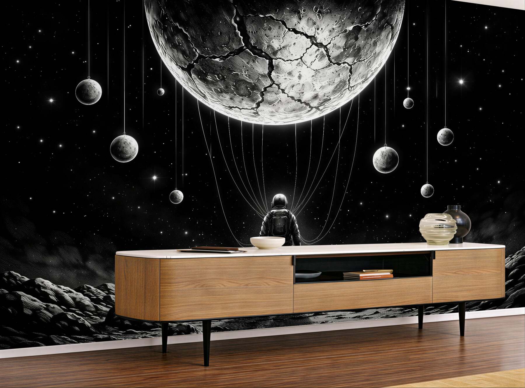Fotobehang ruimte reiziger onder de planeten