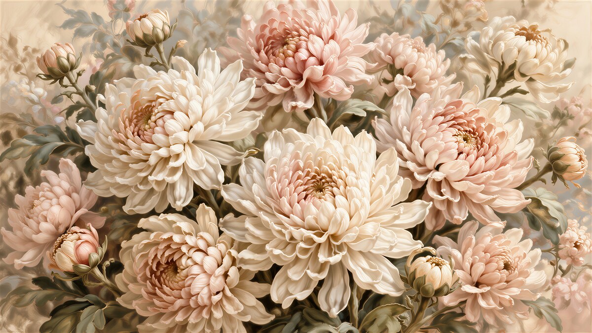 Fotobehang poederachtige chrysanten in de glans