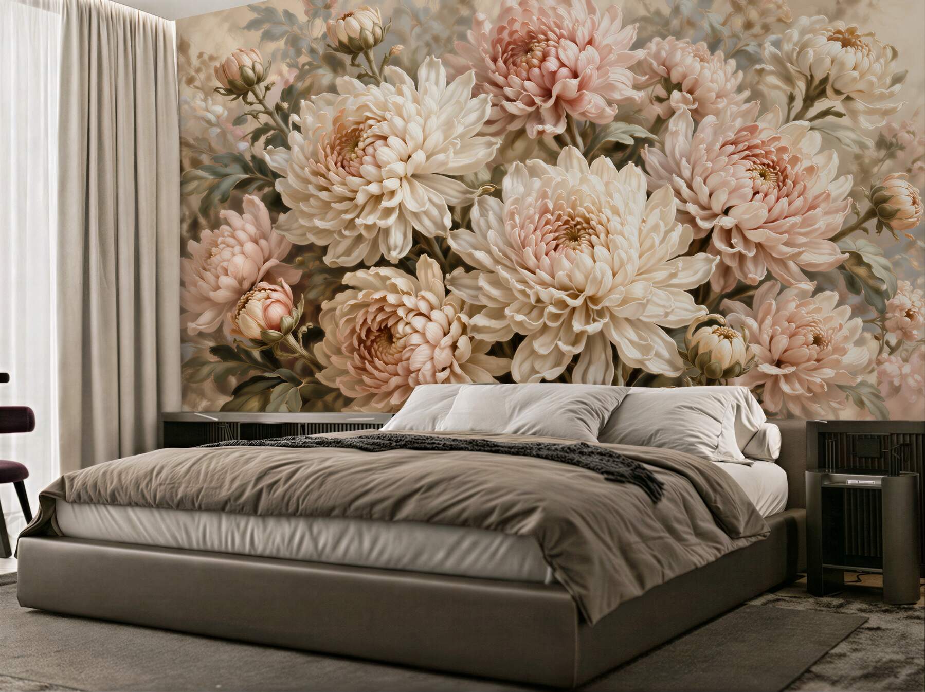 Fotobehang poederachtige chrysanten in de glans