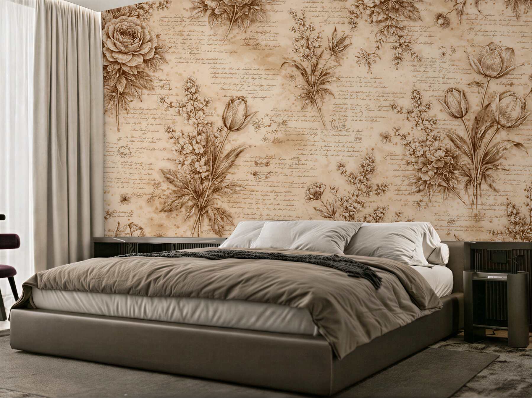 Fotobehang sepia bloemen in retrostijl