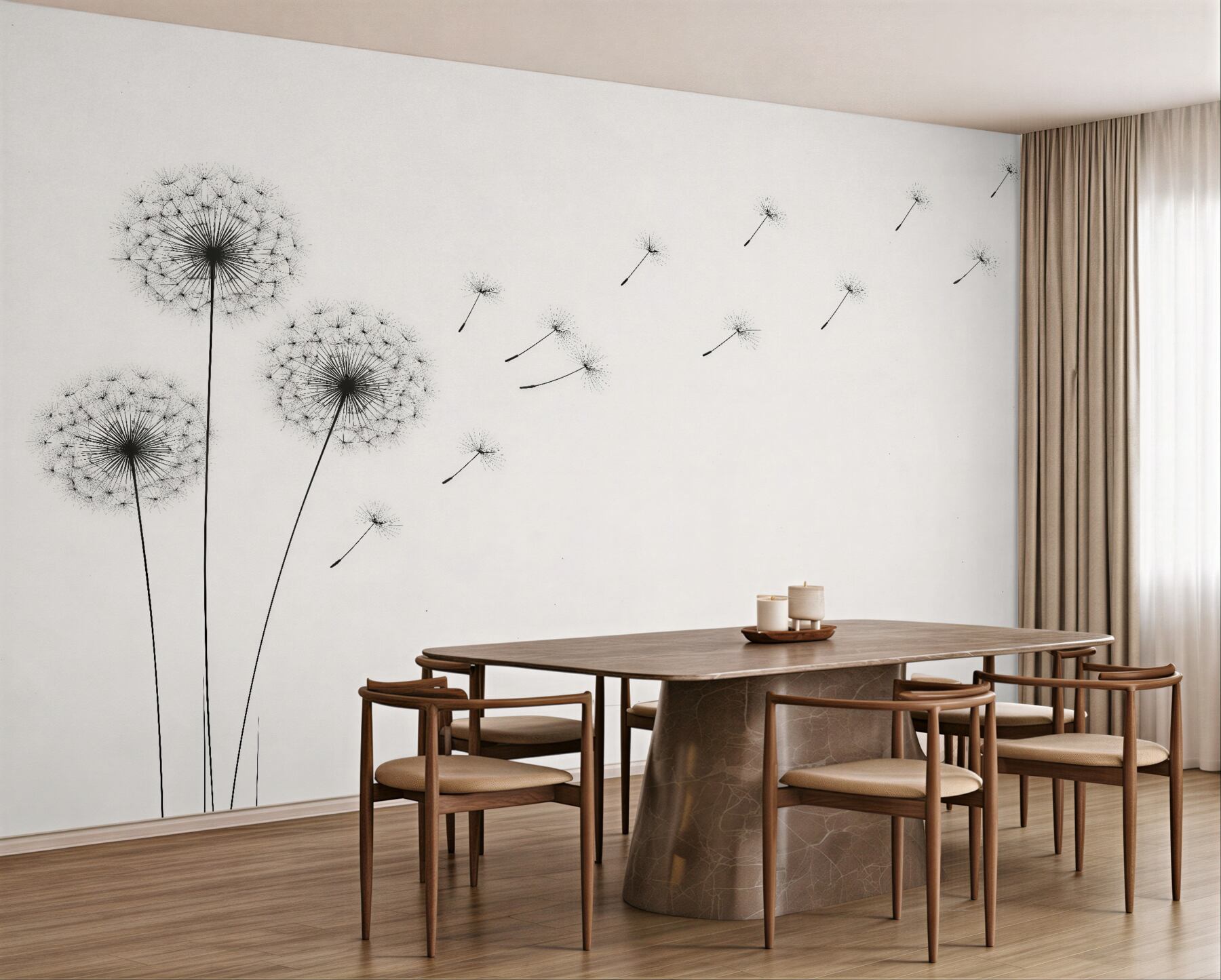 Fotobehang minimalistische paardenbloemen in de wind