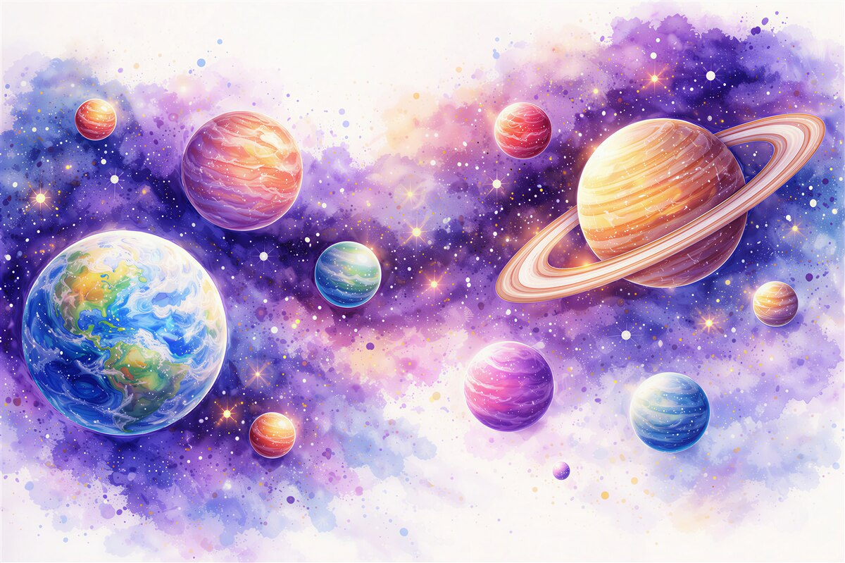 Fotobehang aquarelplaneten in een paarse kosmos
