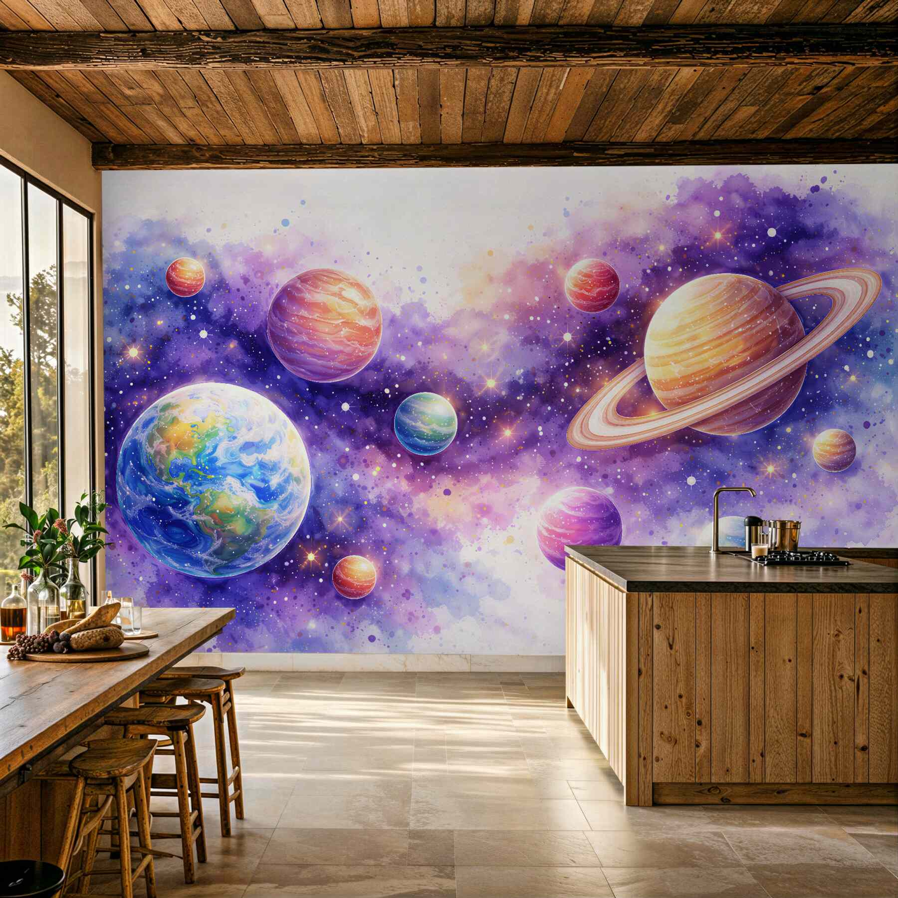 Fotobehang aquarelplaneten in een paarse kosmos