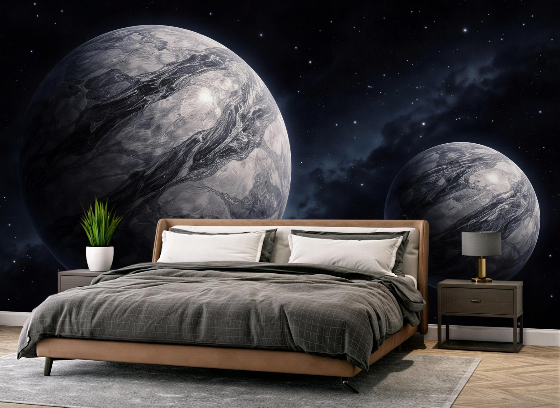 Fotobehang donkere planeten in een sterrenstilte