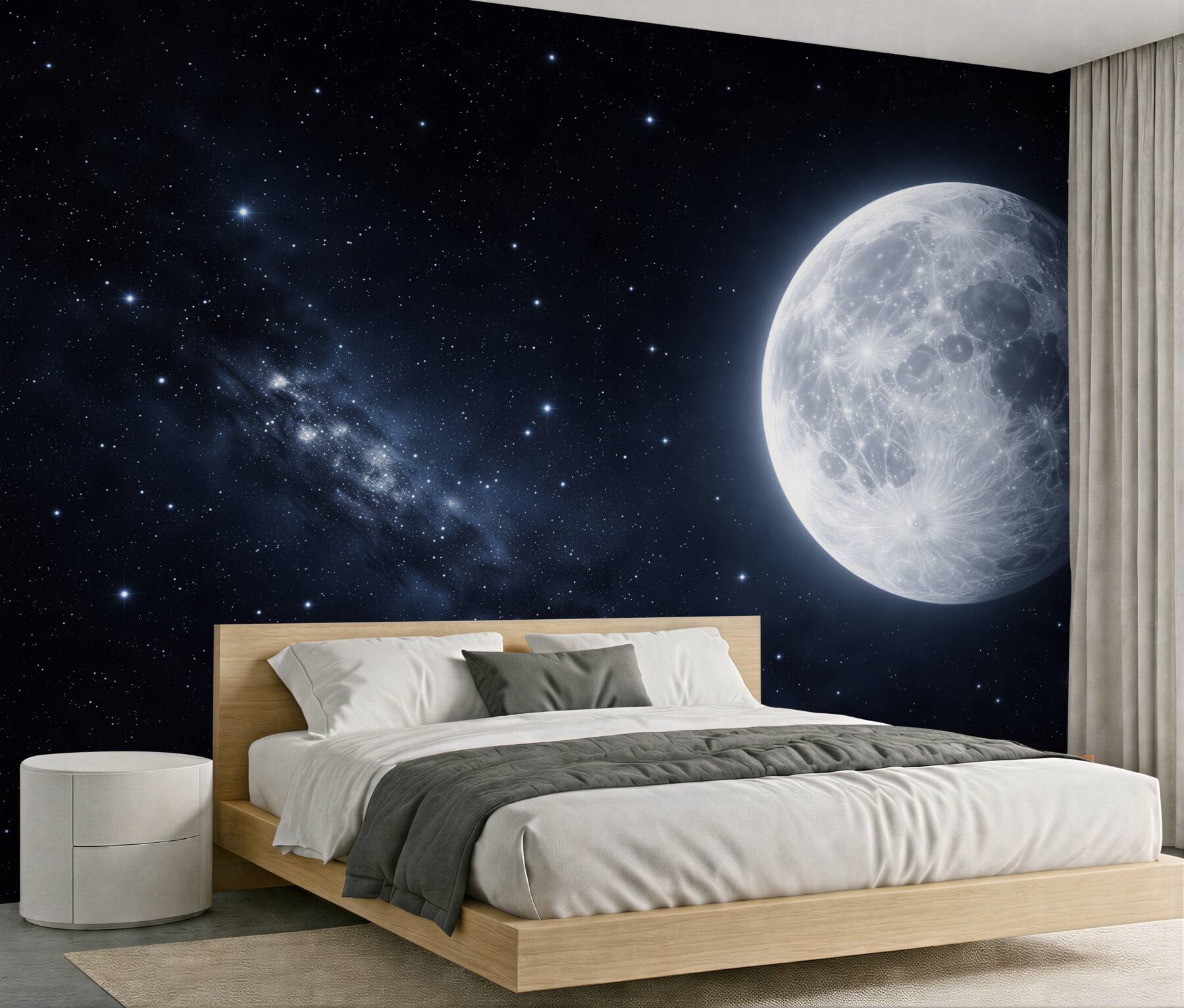 Fotobehang glanzende maan tussen de sterren